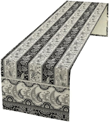 Vintage Bohemian Table Runner, Striped Black Grey Paisley Flower Boho Table Runner for Kitchen Dining Holiday Home Party, 13x70 Inch