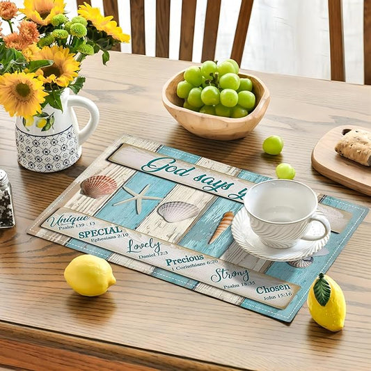 Coastal Seashell Placemats Set of 6 Ocean Nautical Table Mats Washable Place Mats for Home Party Indoor Kitchen Dining Table Decoration 12x18 Inch