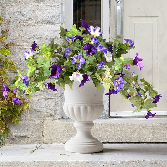 Artificial Morning Glory Fake Flowers for Outdoor Planter Decoration, 2 Pcs Petunias Realistic UV Resistant Faux Silk Flowers for Garden Balcony Porch Indoor Decor (Purple White)