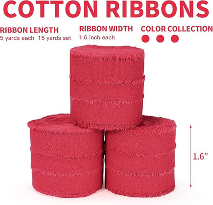 Red Christmas Ribbon 1-1/2 x 15 Yards Handmade Cotton Frayed Fringe Fabric Ribbons for Crafts Flower Bouquets Wedding Baby Shower Home DIY Decor