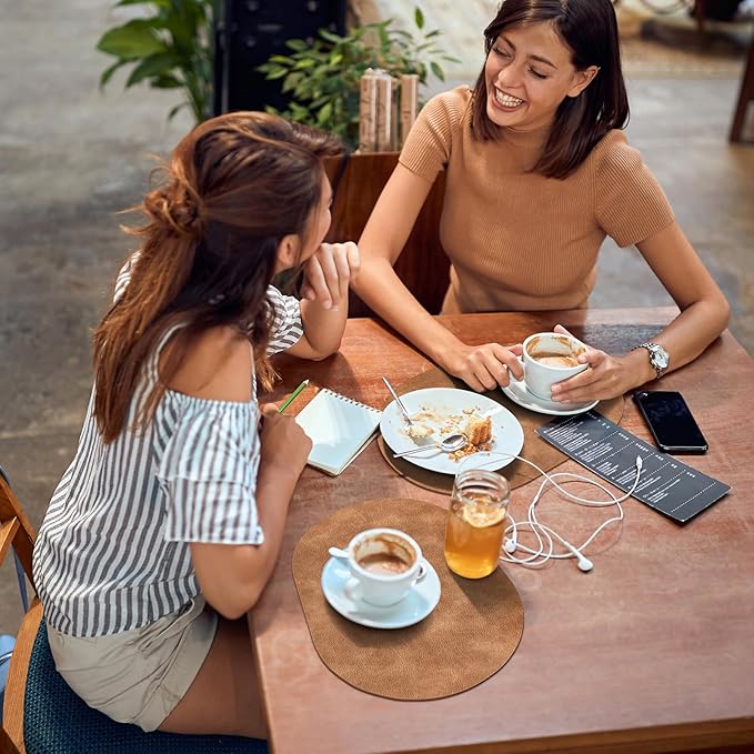 ADRIMER Placemats, Heat Resistant Oval Placemats Set of 12 Washable 12 x 17 Inch, Waterproof Table Mats, Wipeable Pu Place Mats for Kitchen, Dining Room, Sandy Light Brown