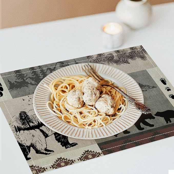 Retro Rustic Lodge Bears Placemats Set of 6, Vintage Cabin Pine Tree Farmhouse Country Style Place Mats, Heat Resistant Non Slip Cotton Linen Dining Table Mats for Home Kitchen 18x12 Inch