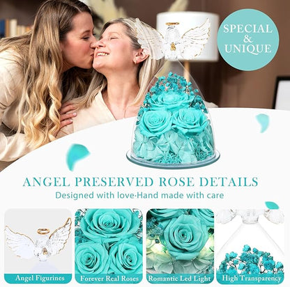 FIACO Preserved Flower Rose Gifts for Women, Forever Eternal Fresh Flowers in Glass Angel Figurines Flowers for Delivery for Grandma Mom Sister Her Wife on Mothers Day Birthday Christmas Thanksgiving