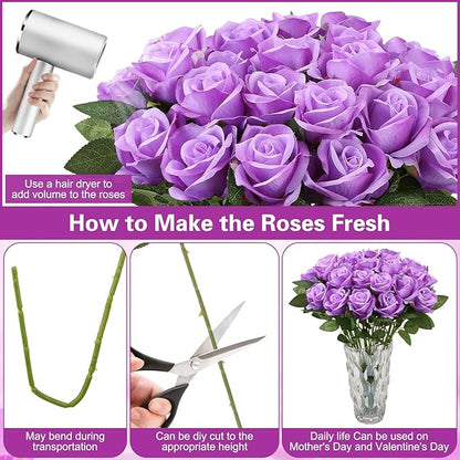 80 Pcs Roses Artificial Flowers, Silk Purple Artificial Flowers Petals Long Stem Roses for Wedding Bouquet Home Party Decor