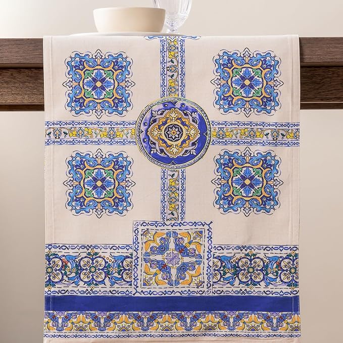Maison d' Hermine Tablerunners 100% Combed Cotton Premium Table Runner Decorative Table Cover, Home, Kitchen, Dining, Sciacca, Double Layer - (14.5"x108")