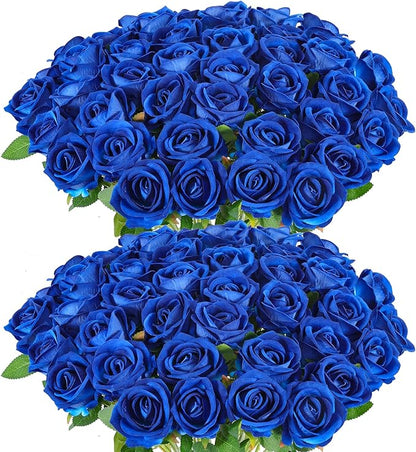 Hananona 50 Artificial Roses in Bulk, Fake Silk Roses Realistic Blue Roses for Wedding Centerpieces Flower Arrangement Home Decor (50, Blue)