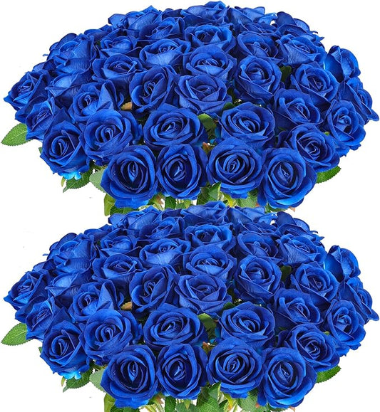 Hananona 50 Artificial Roses in Bulk, Fake Silk Roses Realistic Blue Roses for Wedding Centerpieces Flower Arrangement Home Decor (50, Blue)