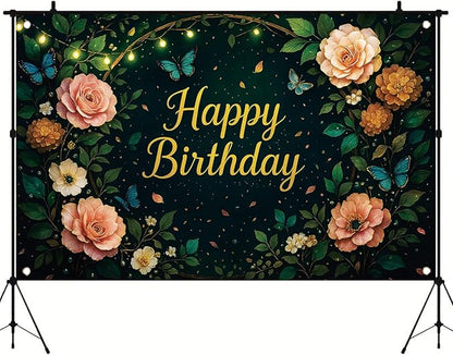 Greenery Birthday Backdrop Sage Green Floral Butterfly Banner String Lights Party Decorations Photography Background for Women Girls Birthday Supplies Photo Booth Prop 71 x 43 Inch