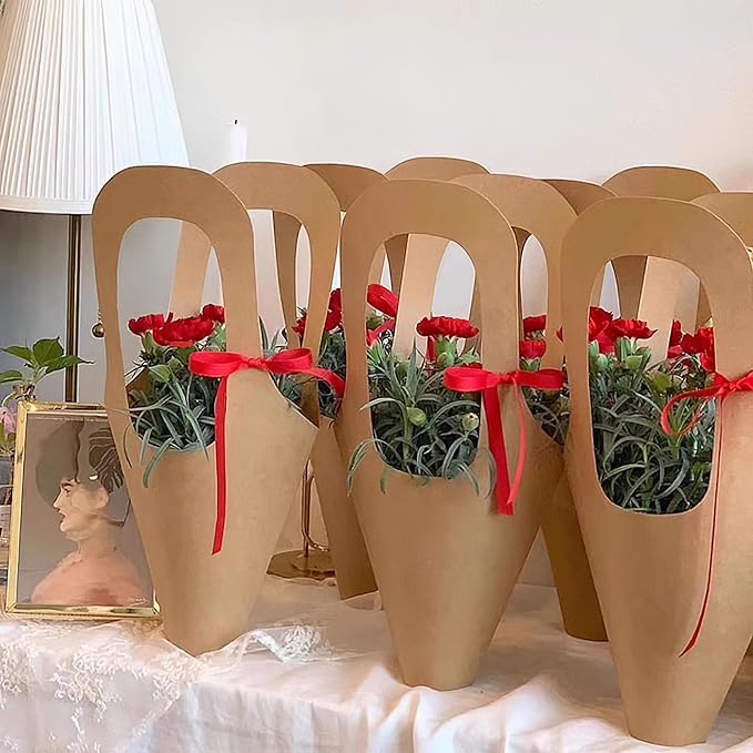 Lesnala 16Pcs Kraft Paper Flower Gift Bags with Handle Cone Shaped Bouquet Basket for Wedding Birthday Valentines Day Bar Shop Wrapping Supplies