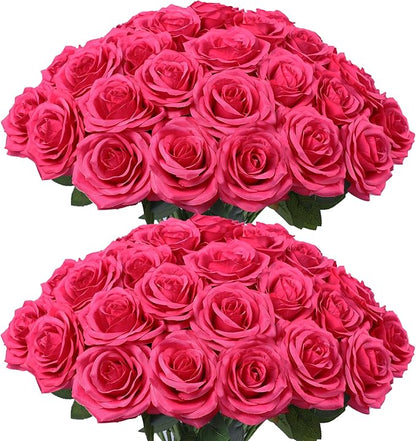 50pcs Artificial Rose Flower Hot Pink Rose Flower with Long Stem Silk Roses Bouquet for Wedding Bridal Shower Party Home Decoration