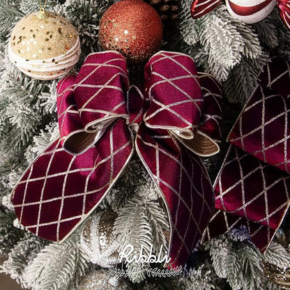 Ribbli Burgundy Velvet Ribbon Wired with Glitter Diamond Grid 4 Inch Christmas Ribbon for Christmas Tree Decoration Big Bow Gift Wrapping Crafts Wreaths Garland Supplies - 10 Yards