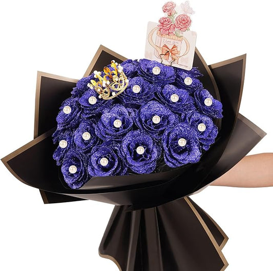 Glitter Roses Bouquet,DIY Fake Glitter Bouquets, Everlasting Shiny Artificial Rose Bouquet with Flower Wrapping Paper Crowns Cards for Mother's Day Graduation Wedding Anniversary(Blue),25 Pcs