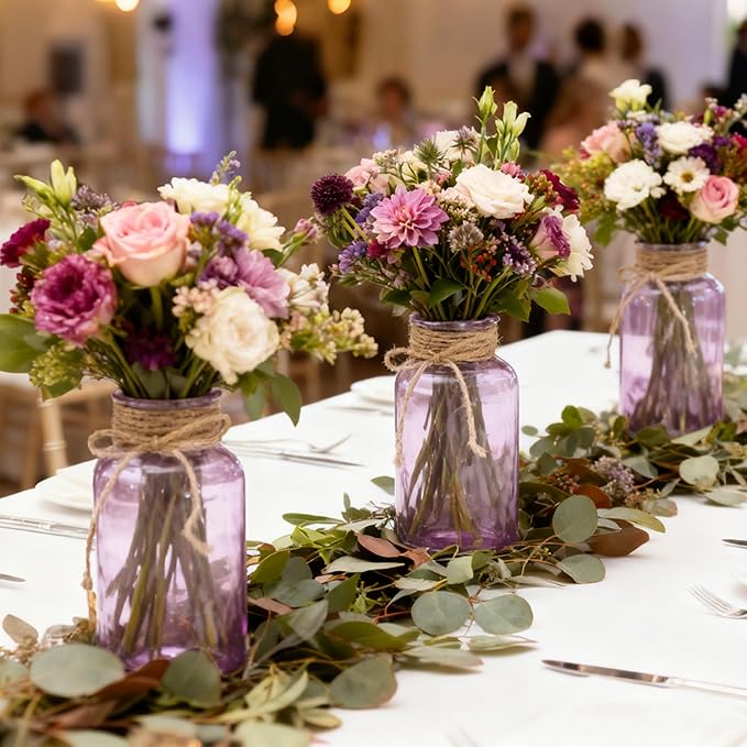 Vintage Glass Flower Vase，12 Pack Farmhouse Purple Glass Centerpiece Vases Mason Jars for Weddings, Parties & Home Decor Bulk (12, Purple)