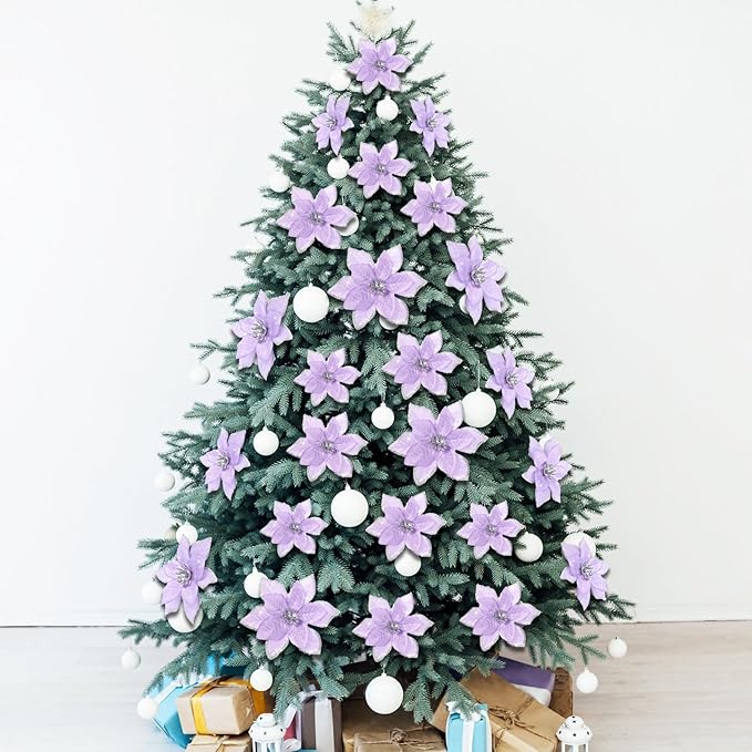 WILLBOND 24 Pcs 3 Size Poinsettia Flower Artificial Christmas Decor Glitter Poinsettia Christmas Ornaments Faux Flowers for Xmas Tree Outdoor(4/6/7.9 Inches,Purple)
