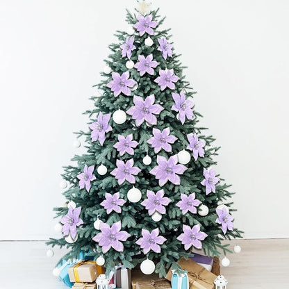 WILLBOND 24 Pcs 3 Size Poinsettia Flower Artificial Christmas Decor Glitter Poinsettia Christmas Ornaments Faux Flowers for Xmas Tree Outdoor(4/6/7.9 Inches,Purple)