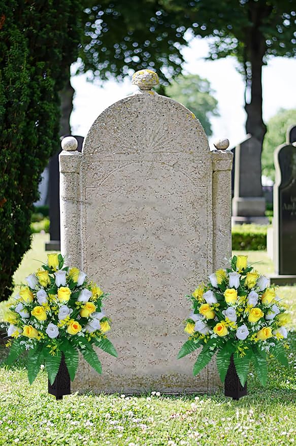 Artificial Cemetery Flowers, Gravesite Decoration Roses, Memorial Bouquets with Cemetery Vase, Vibrant and Long-Lasting Colors (Yellow+White, 2 Bundles)