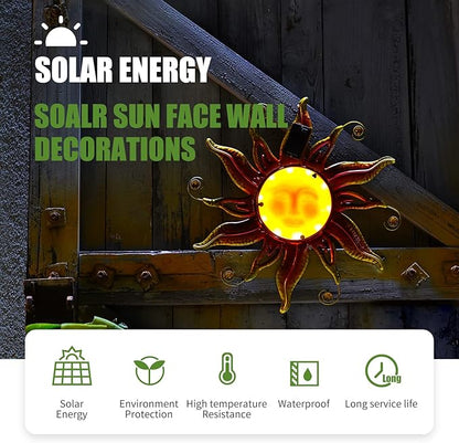 18" Solar Sun Face Wall Art - Metal Sun Sculpture with LED Lights & Smiling Face, Outdoor Wall Hanging Decorations (Gold)