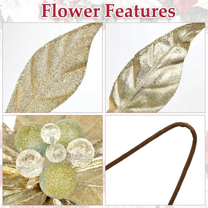 3 Pcs Artificial Christmas Flowers 13 Inch Glitter Poinsettia Picks Christmas Tree Ornaments Topper Decorations Champagne Poinsettias Flowers for Xmas New Year Wreath Garland Wedding Home Decor