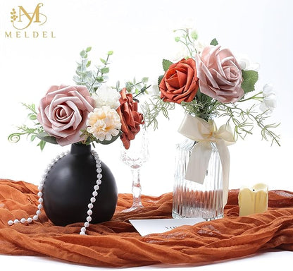 Meldel Artificial Flowers 25pcs Real Looking Burnt Orange Warm Taupe Foam Fake Roses with Stems for DIY Wedding Bouquets Bridal Shower Centerpieces Floral Arrangements Home Decorations Bulk Crafts