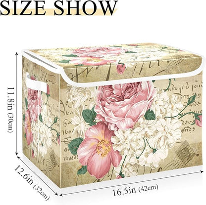 Flower Baskets Collapsible Storage Bins with Lids, Vintage Rose Floral Storage Boxes Clothes Baskets for Organizing