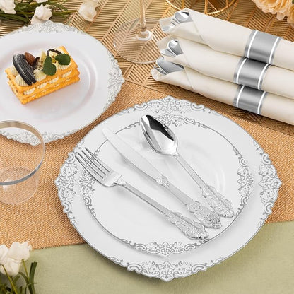 75PCS Silver Plastic Silverware for 25 Guests, Heavy Duty Silver Disposable Utensils Sets, Includes 25 Forks, 25 Spoons, 25 Knives, Elegant Cutlery Perfect for Wedding or Party