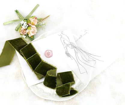 Moss Green Silk Velvet Ribbon 1.5 Inch Rustic Style Raw Edge Olive Green Frayed Edge Fringe Gift Ribbon for Wedding Invitation Bridal Bouquet -3yards