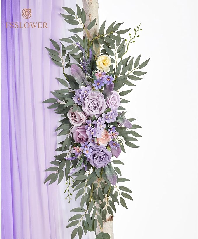 Wedding Arch Flowers with Drapes Kit (Pack of 5) - 2pcs Artificial Lilac Deluxe Swag with 3pcs Sheer Drapes for Wedding Ceremony Backdrop Rose Floral Decoration Arbor Reception