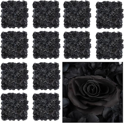 12 Pack Flower Wall Backdrop, 15x15 Inch Artificial Flower Wall Panels Black 3D Floral Backdrop Walls Silk Hydrangea Rose Walls for Decor Wedding Party