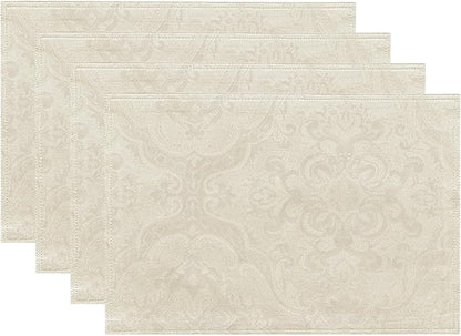 Elrene Home Fashions Caiden Elegance Damask Waterproof, Stain & Wrinkle Resistant Fabric Placemats (Set of 4), 13" x 19", Ivory
