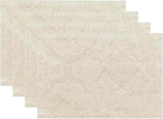 Elrene Home Fashions Caiden Elegance Damask Waterproof, Stain & Wrinkle Resistant Fabric Placemats (Set of 4), 13" x 19", Ivory