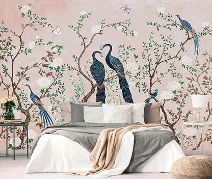 PYFFYP- Chinoiserie Pink Flowers and Bird Wallpaper Vintage Peacock murals for Living Room(Not Peel and Stick)