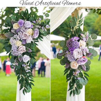 ponatia Purple Wedding Arch Flowers Kit (Pack of 3) with 26Ft White Arch Draping Fabric, Wedding Flowers Garlands Floral Arrangement Swag for Ceremony and Reception Wedding Decoration (Dusty Lilac)