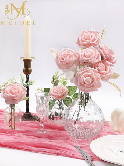 Meldel Artificial Flowers 25pcs Real Looking Blush Foam Fake Roses with Stems for DIY Wedding Bouquets Bridal Shower Centerpieces Floral Arrangements Home Decorations