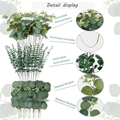 Abzo 90 Pcs 3 Kinds Mixed Eucalyptus Stems Bulk Artificial Eucalyptus Leaves Sprays Faux Oval Eucalyptus Greenery Stems for Wedding Vase DIY Bouquets Bouquet Floral Arrangement Home Decor