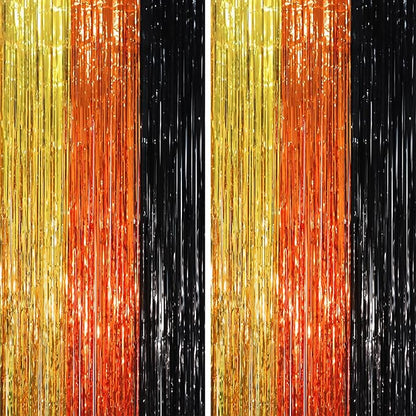 2 Pack Black Gold Orange Foil Fringe Backdrop Curtains, Tinsel Streamers Party Decorations, Fringe Backdrop, Door Shimmer for Construction or Birthday Party