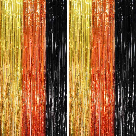 2 Pack Black Gold Orange Foil Fringe Backdrop Curtains, Tinsel Streamers Party Decorations, Fringe Backdrop, Door Shimmer for Construction or Birthday Party