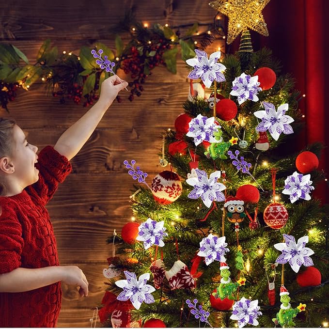 24 Pcs Purple Boxed Christmas Poinsettia Flowers Set, 16 Pcs Artificial Poinsettias with Clips, 8 pcs Glitter Christmas Tree Ornaments Berry Stems for Wedding Home Holiday Xmas New Year Decorations