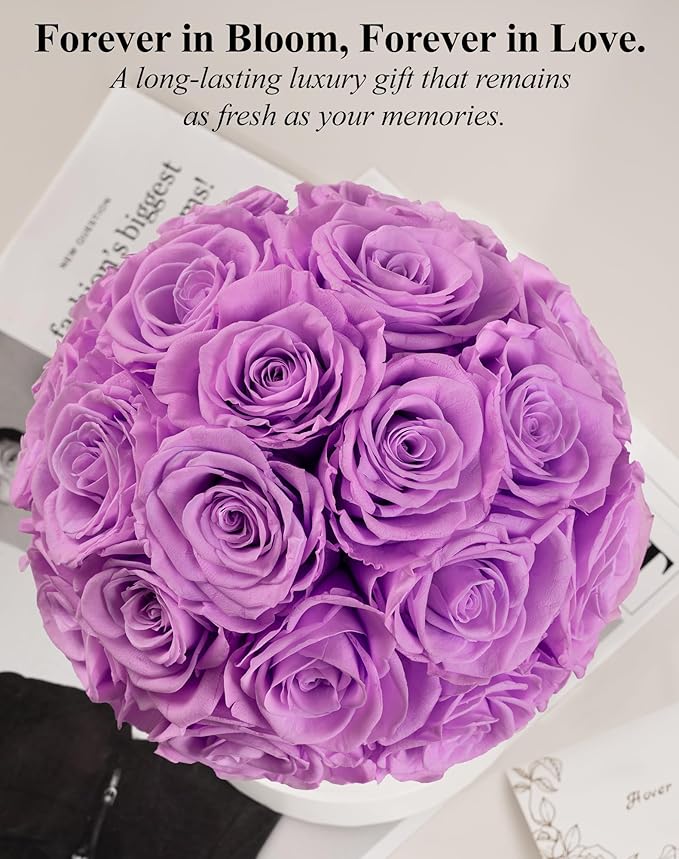 Preserved Roses Dome in a Box, Forever Real Roses Decor, Eternal Flowers for Delivery Prime, Best Gifts Birthday, Wedding, Anniversary, Mother's Day, Christmas for Her, 18-Pieces (Purple)