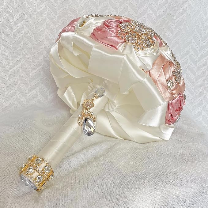 Handmade Satin Rose Floral Bling Pearl Decor Bridal Wedding Bouquet Rhinestone Pendant Artificial Brooch Flowers for Bride Bridesmaid Quinceanera