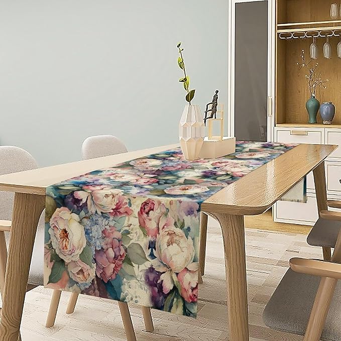 Vintage Floral Table Runner,Girls Women Rose Romantic Leaf Botanical Watercolor Pattern Print Burlap for Hotel Indoors Outdoor Dining Room Kitchen Holiday Party, 13x108in