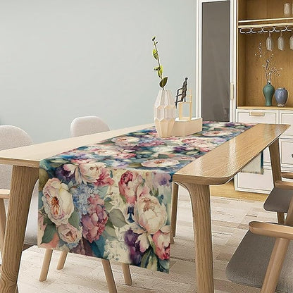 Vintage Floral Table Runner,Girls Women Rose Romantic Leaf Botanical Watercolor Pattern Print Burlap for Hotel Indoors Outdoor Dining Room Kitchen Holiday Party, 13x90in
