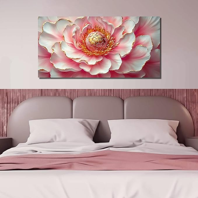 Elegant Pink & White Peony Floral Canvas Wall Art with Gold Accents, Abstract Flower Pictures for Living Room Bedroom Wall Decor, Printed Painting Artwork Home Decorations, Large Size 58x29 Inches