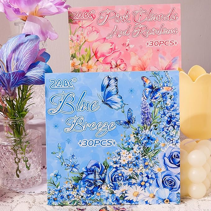 Floral Stickers Set,30 Sheets Blue Waterproof PET Clear Flower Stickers for Scrapbooking Journaling Bullet Journal Junk Journal Supplies