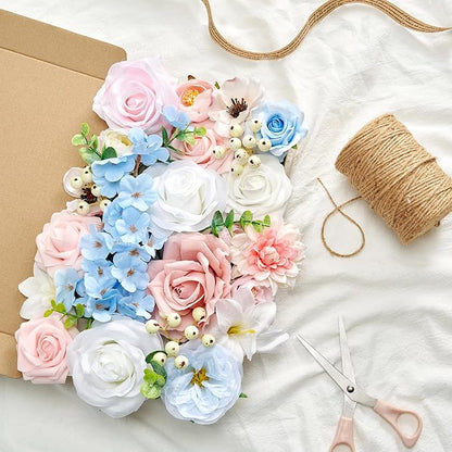 Artificial Flowers, Fake Flowers for DIY English Pastel Flower Box Wedding Bouquet Table Centerpieces Baby Shower Gender Reveal Party Home Décor