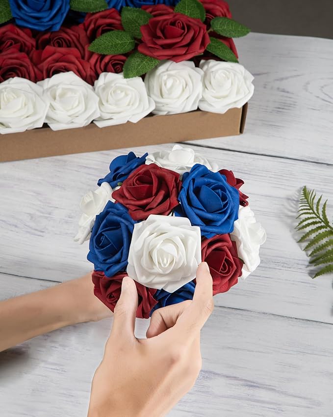 DuHouse 25Pcs Artificial Roses Flowers Fake Rose with Stems Real Touch Foam Flowers for DIY Wedding Bouquet Baby Shower Centerpiece Floral Arrangement Party Home Decor(Blue White Red)