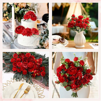 Zeyune 12 Bundles Artificial Peonies Flowers Artificial Silk Rose Faux Dahlia Fake Chamomile Hydrangea Bouquet Bulk for Vase Home Wedding Centerpiece Party Decoration(Red,Scarlet)