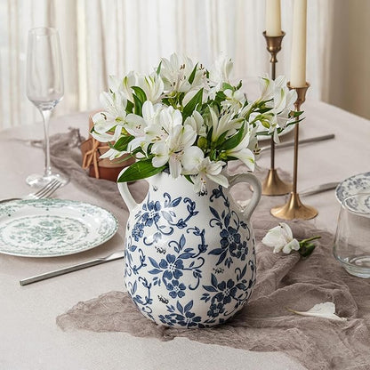 Blue and White Vintage Round Flower Vase with 2 Handles, Chinoiserie Floral Vase, Retro Ice Cracked Ceramic Large Vases for Home Decor, Living Room, Grand Millennial Chinoiserie Decor, 7.7 Inch