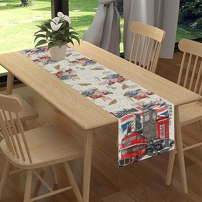British Table Runner, Seasonal Vintage Floral England London Culture Element Coffee Table Center Decor for Home Kitchen Dining Patio Holiday Party Table Decorations 13x108 inches