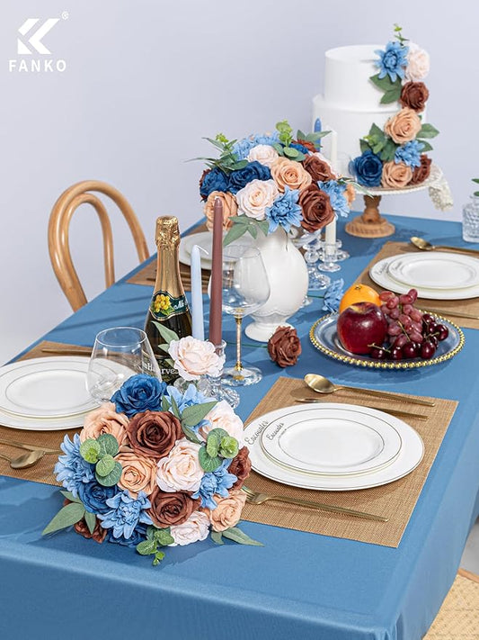 FANKO Artificial Flower Fake Rose Combo, 5 Mixed Silk Flowers Bouquet Dark & Light Brown Cream Roses, Blue Dahlia for DIY Wedding Bridal Bouquets/Centerpieces/Home Decorations