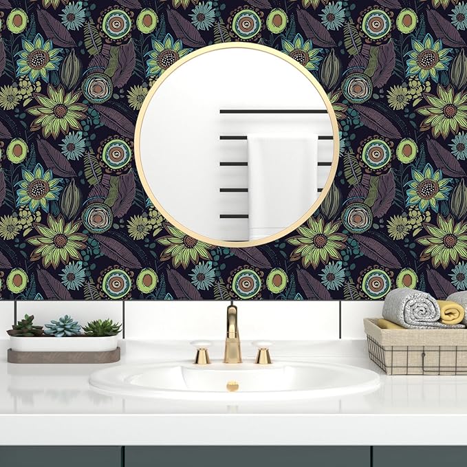 Vintage Boho Wallpaper Peel and Stick, Gothic Floral Contact Paper, Retro Flowers Bohemia Wall Paper Self Adhesive Removable Waterproof for Walls Shelves Cabinet Table 17.5" x 118"(Dark Purple, Green)